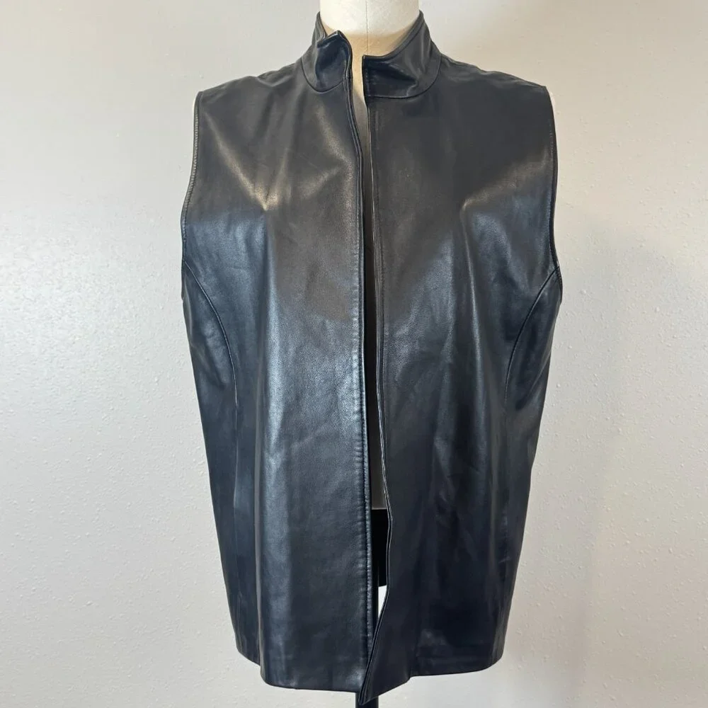 Sibylle Lyn Womens Black Leather Vest Mock Neck Lined Custom Size Spec Biker - Picture 2 of 11